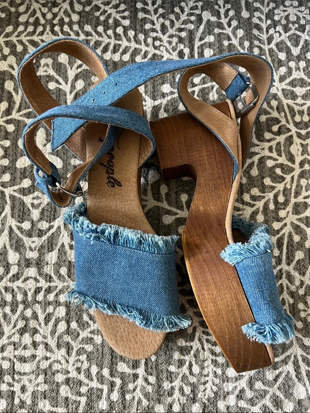 Free people frayed denim chunky wood heel platform sandals